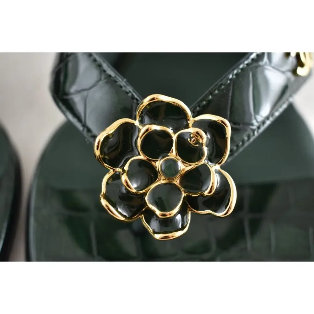 Chanel 26A Green Crocodile Croc CC Flower Backless Mule Heel Thong Sandal 40